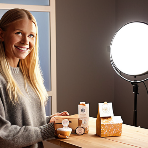 **A live commerce setup in a cozy Swedish home. Ring light illuminating a smiling presenter showcasing a product. Softbox lighting casting a natural glow on the scene. A clean, organized background with a subtle Scandinavian design. Capture the engaging and authentic atmosphere of a live shopping event.**