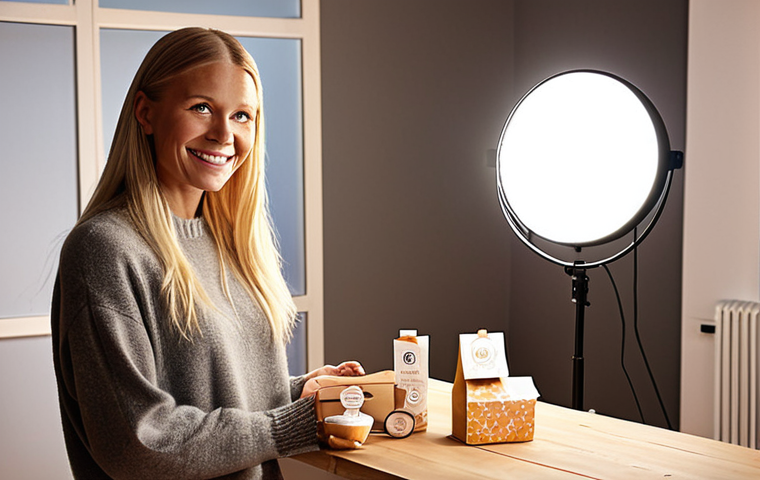 **A live commerce setup in a cozy Swedish home. Ring light illuminating a smiling presenter showcasing a product. Softbox lighting casting a natural glow on the scene. A clean, organized background with a subtle Scandinavian design. Capture the engaging and authentic atmosphere of a live shopping event.**