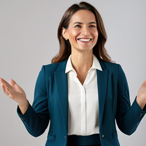 A professional female live commerce presenter, in her mid-thirties, standing with a warm, engaging smile, demonstrating a sleek, modern, generic product (e.g., a stylish smart device) with enthusiastic gestures. She is dressed in a modest, contemporary business casual outfit, including a well-fitted blazer, a plain blouse, and tailored trousers. The background is a clean, minimalist studio set with soft, natural lighting, featuring subtle, blurred product displays and a hint of a modern home or office environment. The focus is on her genuine connection and passionate, authentic presentation. perfect anatomy, correct proportions, natural pose, well-formed hands, proper finger count, natural body proportions, fully clothed, appropriate attire, safe for work, appropriate content, professional, family-friendly.