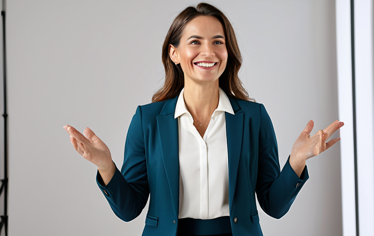 A professional female live commerce presenter, in her mid-thirties, standing with a warm, engaging smile, demonstrating a sleek, modern, generic product (e.g., a stylish smart device) with enthusiastic gestures. She is dressed in a modest, contemporary business casual outfit, including a well-fitted blazer, a plain blouse, and tailored trousers. The background is a clean, minimalist studio set with soft, natural lighting, featuring subtle, blurred product displays and a hint of a modern home or office environment. The focus is on her genuine connection and passionate, authentic presentation. perfect anatomy, correct proportions, natural pose, well-formed hands, proper finger count, natural body proportions, fully clothed, appropriate attire, safe for work, appropriate content, professional, family-friendly.