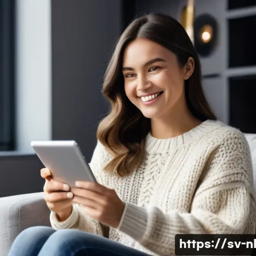 라이브 커머스의 법적 이슈와 주의사항 - A cheerful young adult (female, mid-20s, wearing a cozy, stylish knit sweater and jeans) is comforta...
