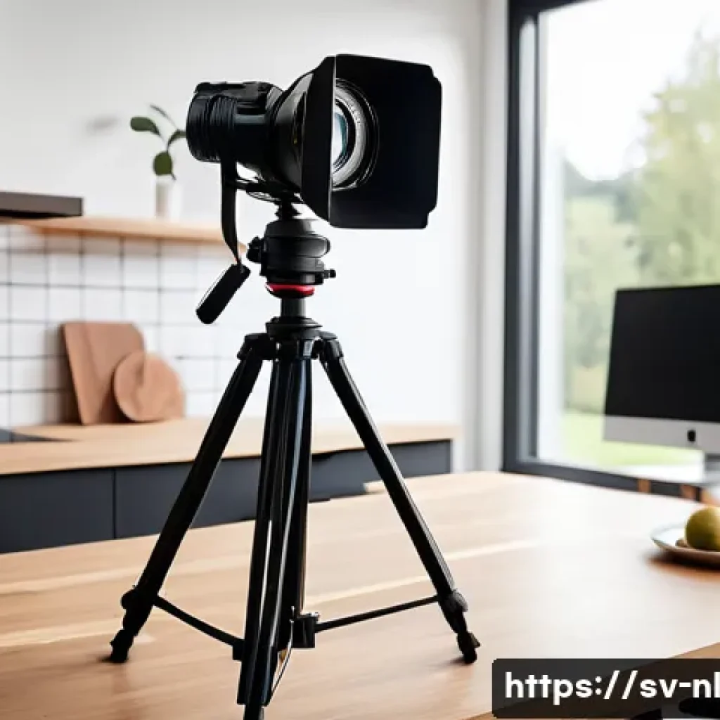 라이브 커머스 진행을 위한 필수 요소 - A professional live commerce setup featuring a high-resolution DSLR camera on a sturdy tripod, a hig...