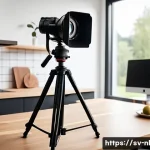 Home 19 라이브 커머스 진행을 위한 필수 요소 - A professional live commerce setup featuring a high-resolution DSLR camera on a sturdy tripod, a hig...