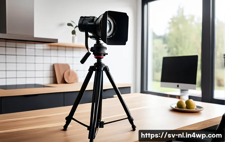 라이브 커머스 진행을 위한 필수 요소 - A professional live commerce setup featuring a high-resolution DSLR camera on a sturdy tripod, a hig...